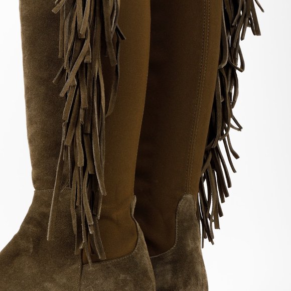 Stuart Weitzman 5050 Mane Fringe Olive Suede Leather OTK Boots - Picture 9 of 11